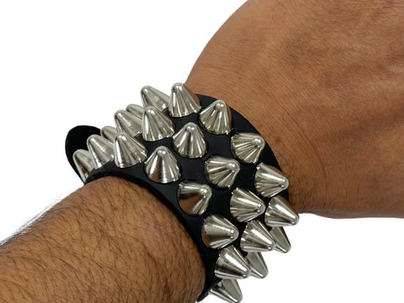 3 Row Black Leather Tall British Cone Stud Wristband