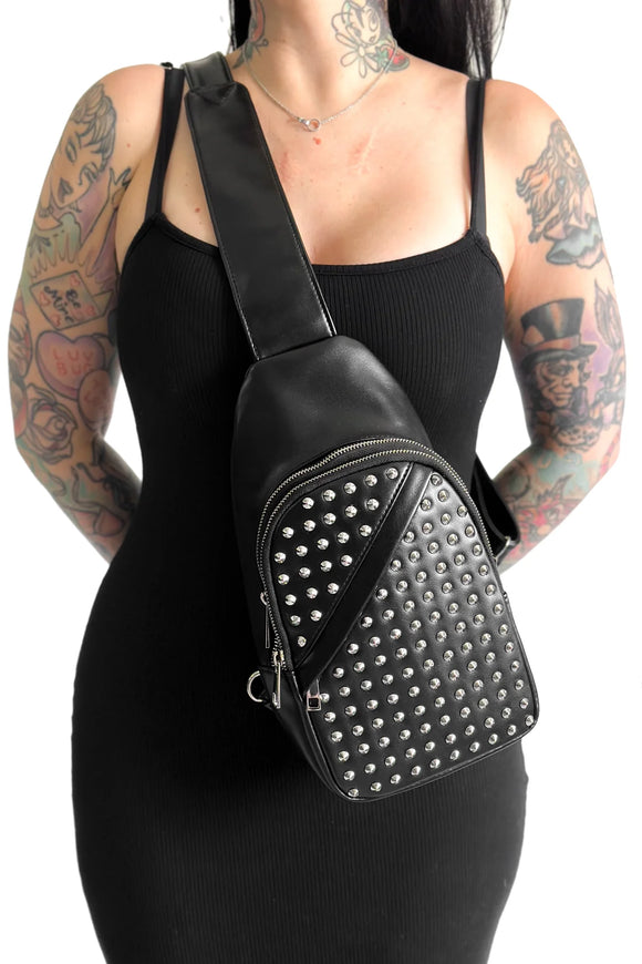 Silver on Black Studded Sling Bag